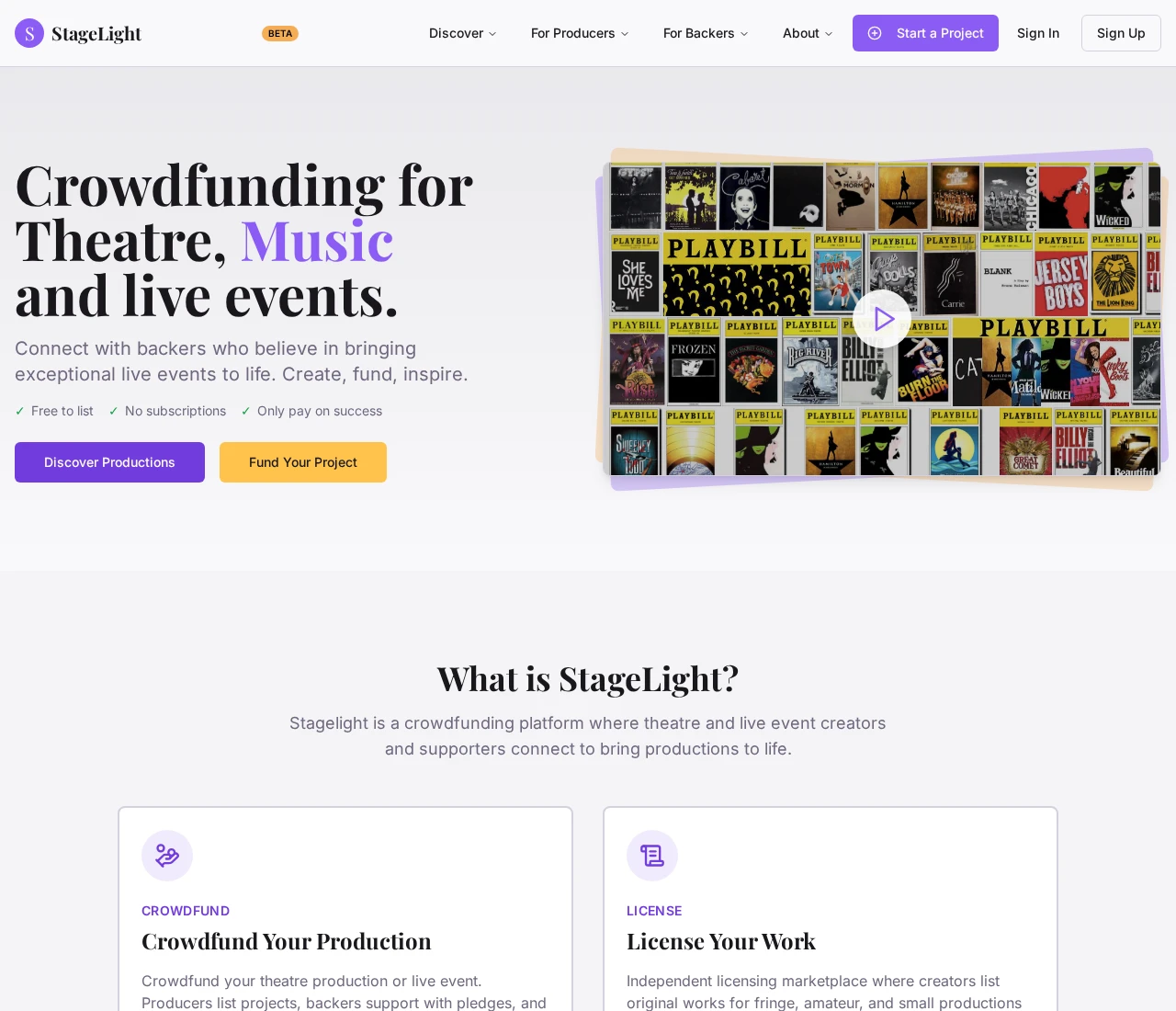 StageLight website — crowdfunding and theatrical licensing