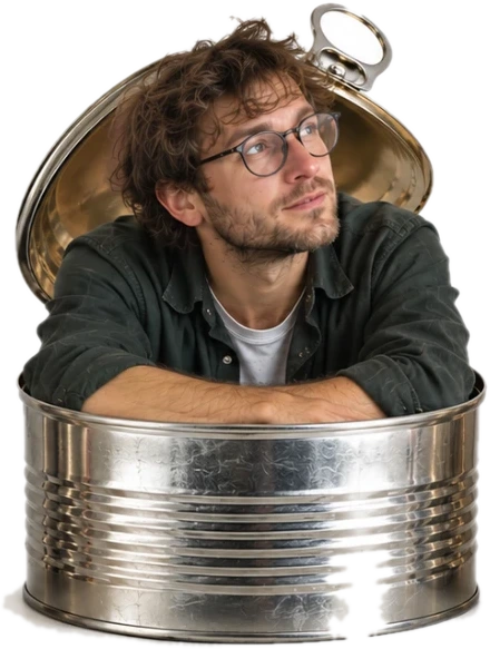 Tom Bradley, Technology Lead, emerging from an open tin