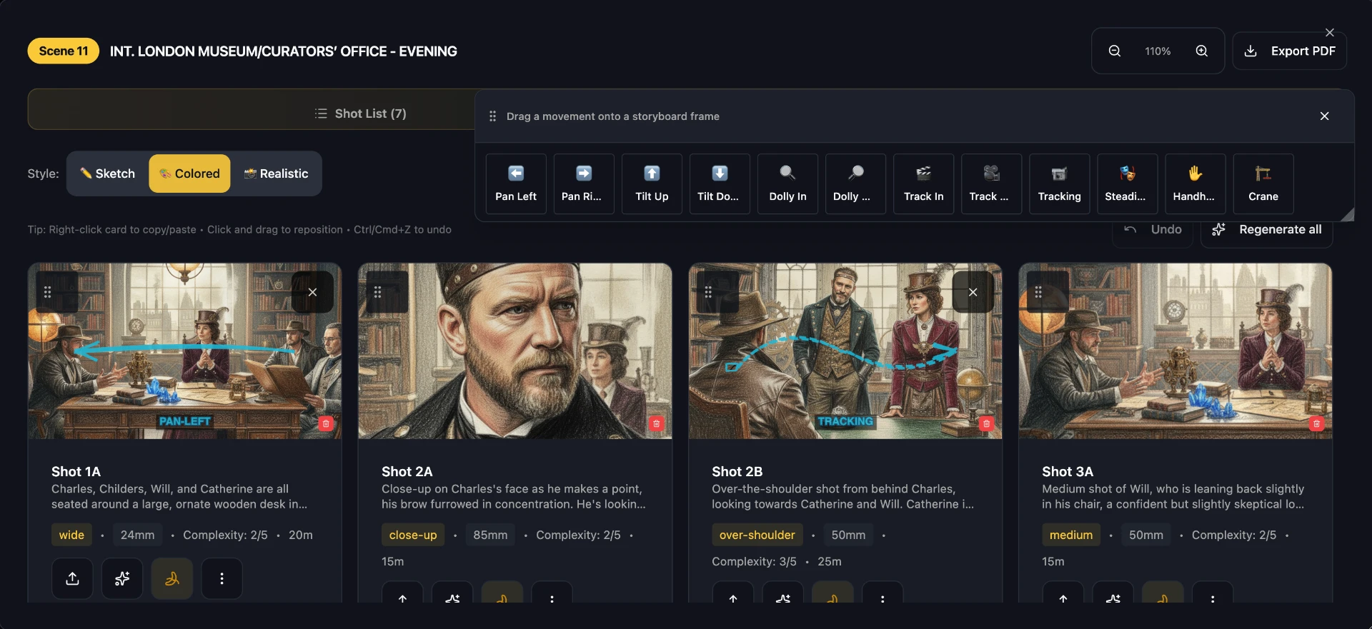 SceneLogic Pro coloured storyboard frames