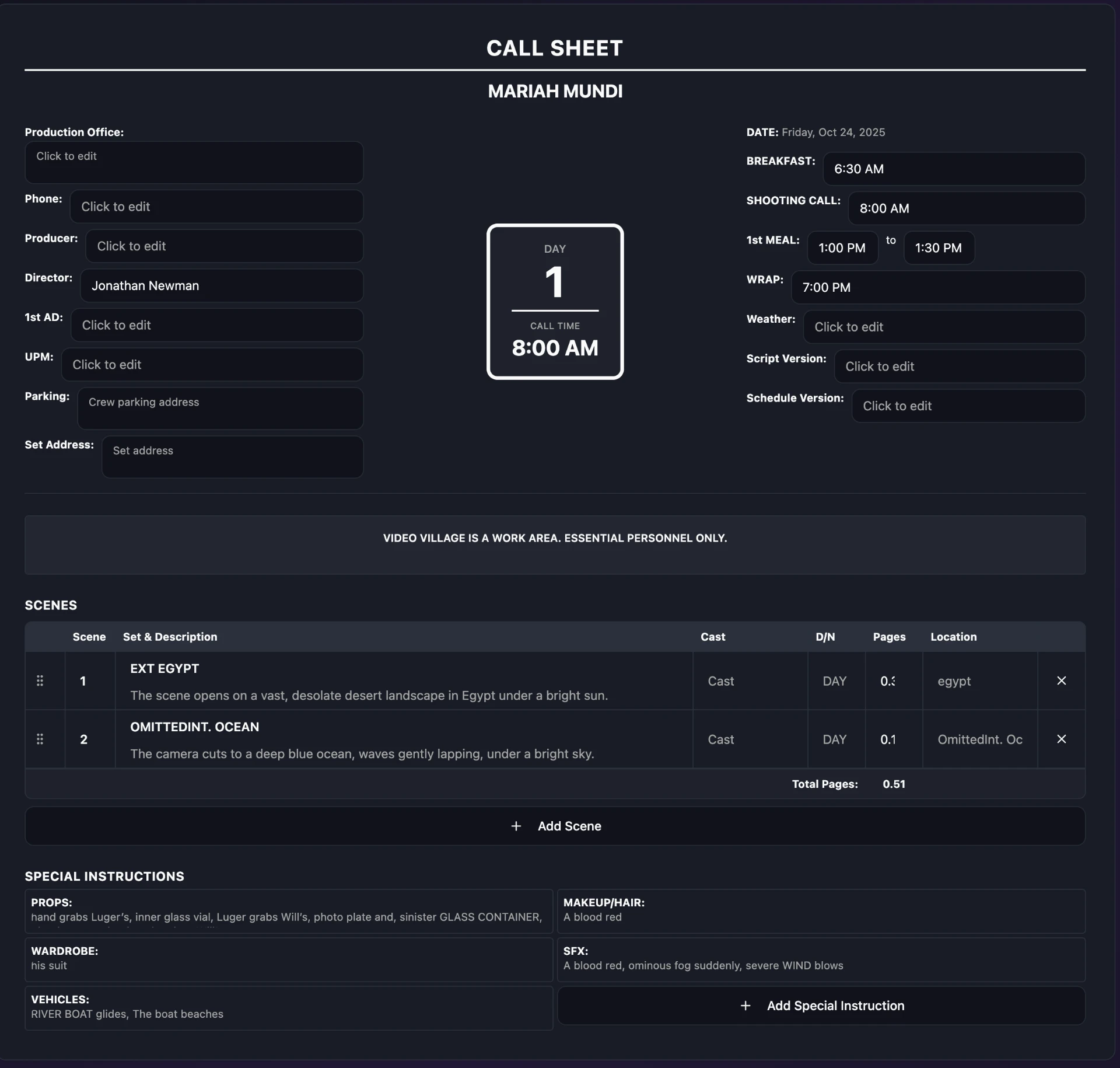 SceneLogic Pro call sheet workspace