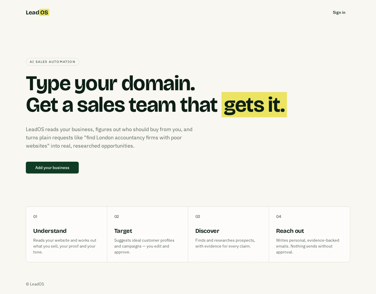 LeadOS live homepage — understand a business from its domain