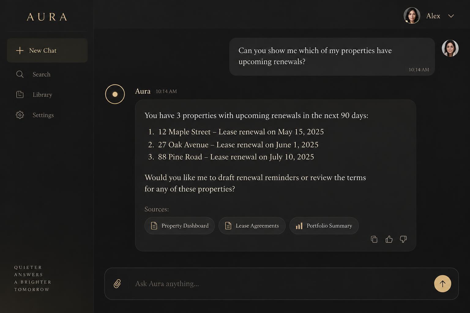 Concept illustration — Aura AI assistant answering a property question