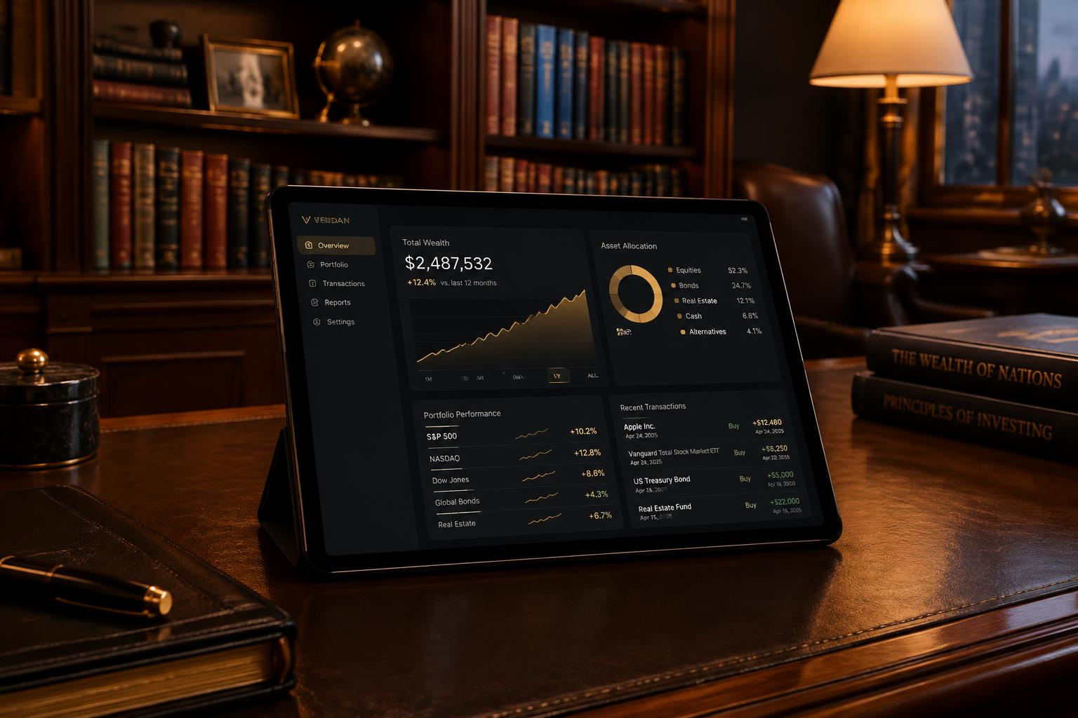 Concept illustration — private office dashboard on a tablet in a study