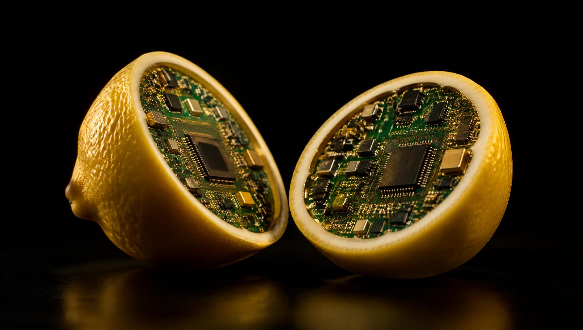 A lemon cut open to reveal a miniature circuit board inside
