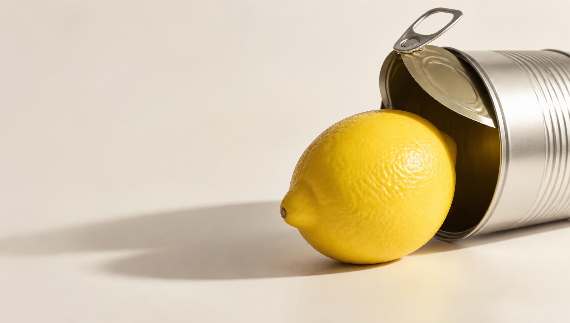 A yellow lemon rolling out of an open silver tin