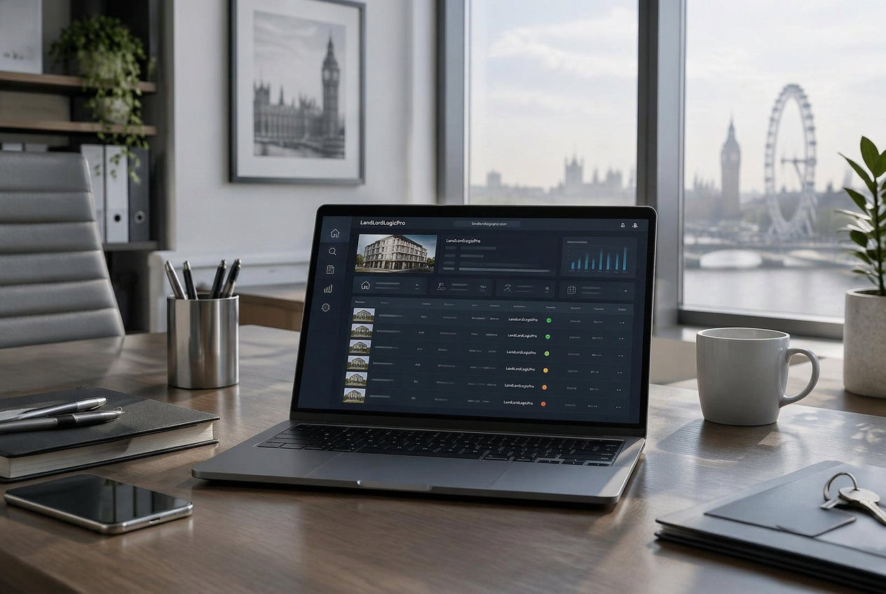 Concept illustration — LandLordLogicPro unit management on a laptop in a London office