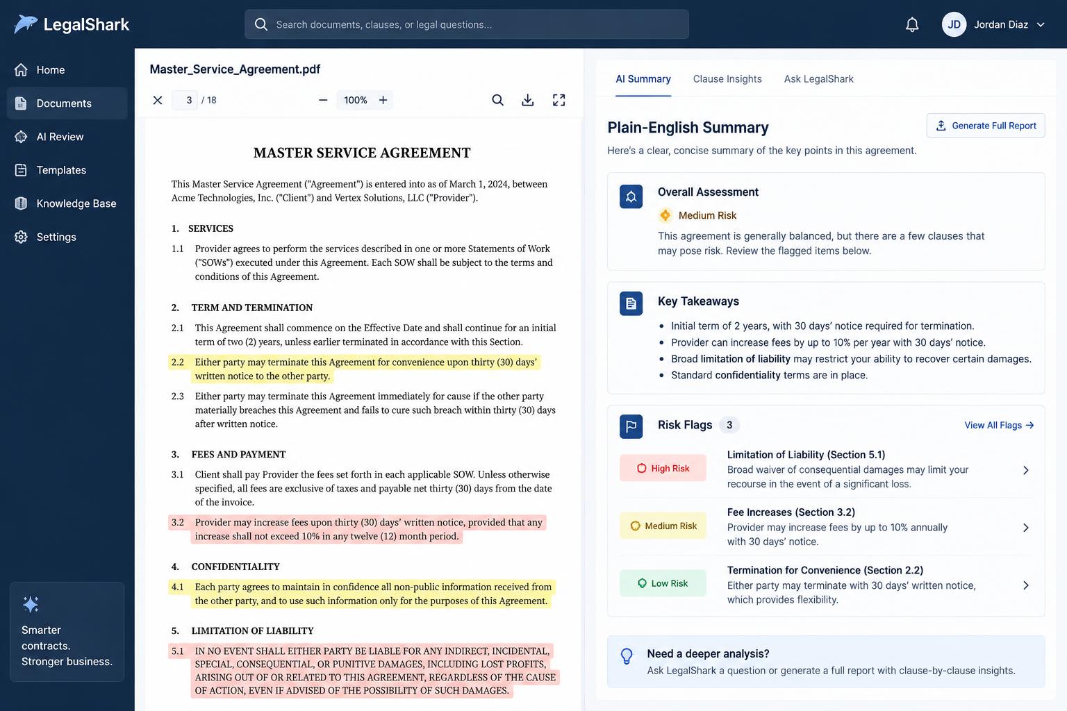 Concept illustration — contract with plain-English AI summary and risk flags