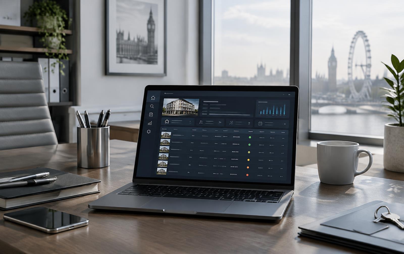 Concept illustration — Madelord unit management on a laptop in a London office