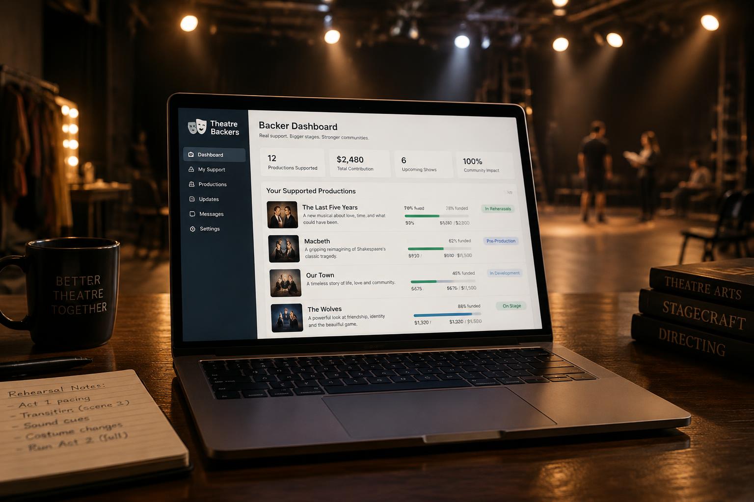 Concept illustration — backer dashboard on a laptop in a rehearsal room