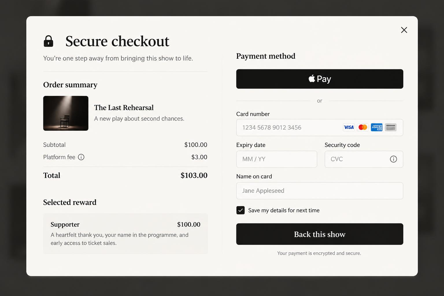 Concept illustration — secure backer checkout